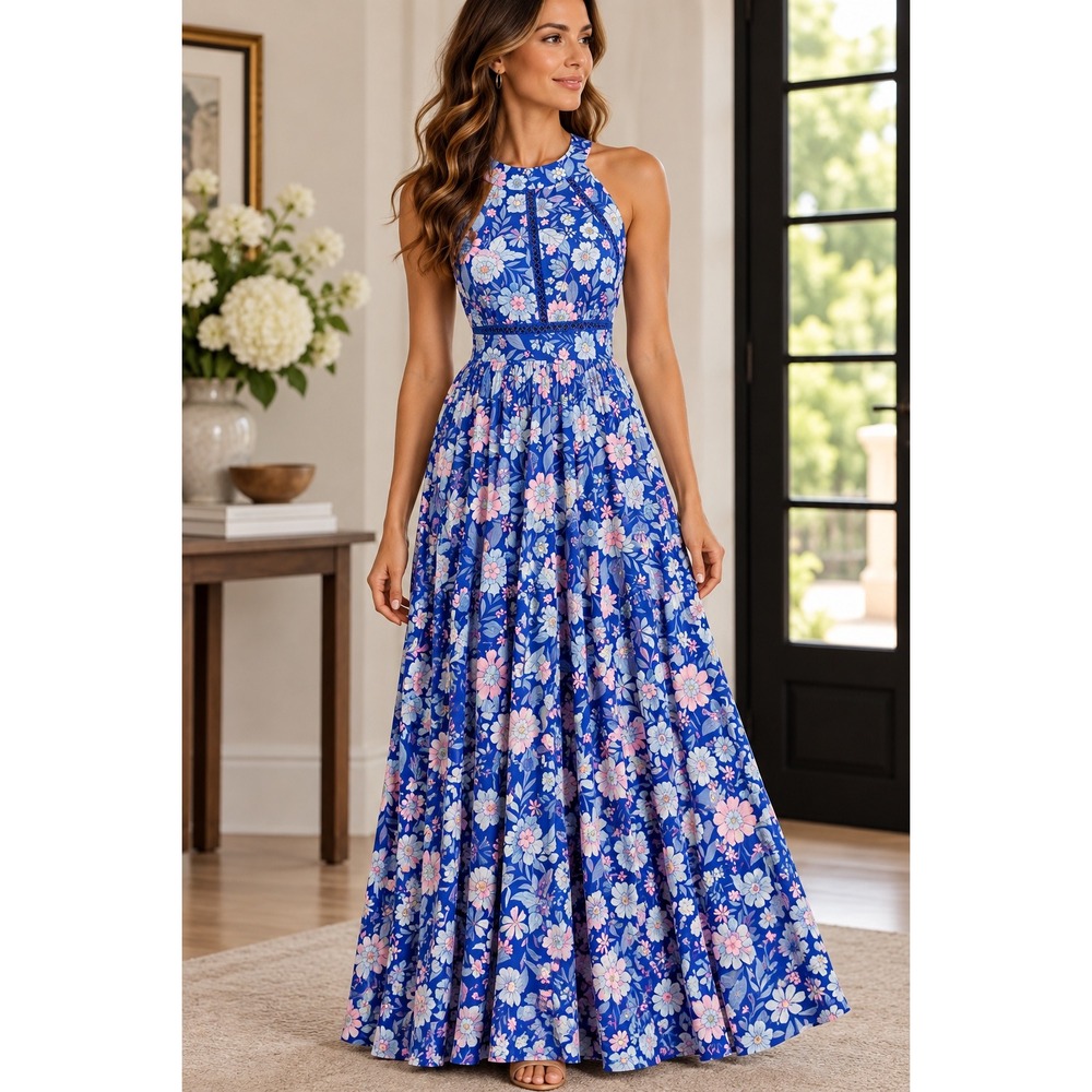 Abel The Label Maxi Dress Womens M Blue Floral Halter Smocked Boho Dress